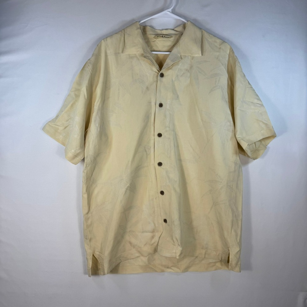 Tommy Bahama Mens Short Sleeve Button Down‎ Tropical Leaf Jacquard Shirt Yellow